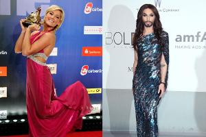 Helene Fischer (li.) mit ihrer dritten "Goldenen Henne" im Jahr 2010 und die ESC-Gewinnerin Conchita Wurst (re.)