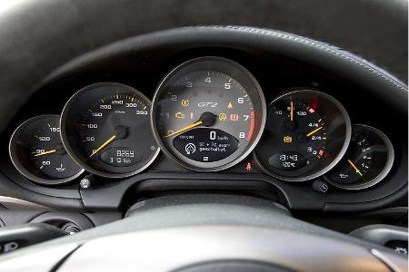 Ein zentraler Drehzahlmesser in Titanoptik mit Schaltblitz.