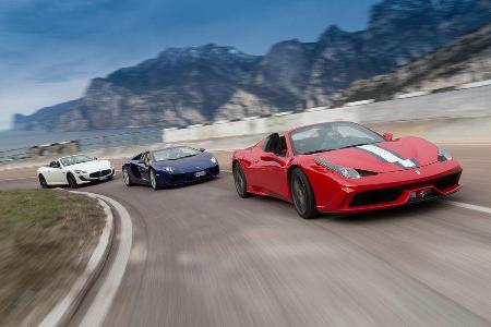 Ferrari 458 Speciale A, Lamborghini Aventador Roadster, Maserati Gran Cabrio MC