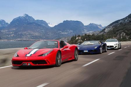 Ferrari 458 Speciale A, Lamborghini Aventador Roadster, Maserati Gran Cabrio MC