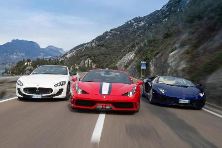 Ferrari 458 Speciale A, Lamborghini Aventador Roadster, Maserati Gran Cabrio MC
