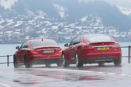 Tesla Model S P85D, Mercedes CLS 63 AMG S 4Matic, Heckansicht