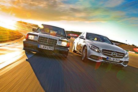 Mercedes C 350e und 190 E 2.5-16 Evo II, Frontansicht