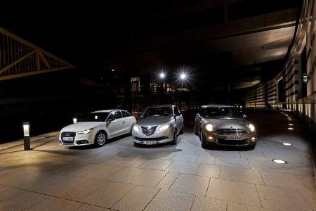 Audi A1 1.2 TFSI, Lancia Ypsilon 0.9 Twinair, Mini One, Front, Scheinwerfer