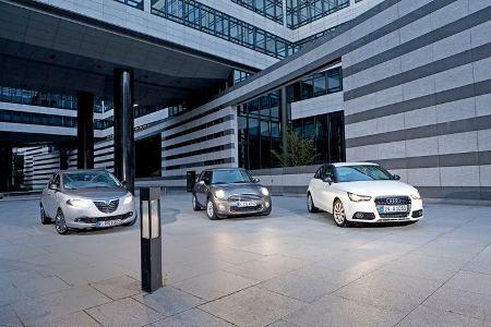 Audi A1 1.2 TFSI, Lancia Ypsilon 0.9 Twinair, Mini One, Front, Scheinwerfer