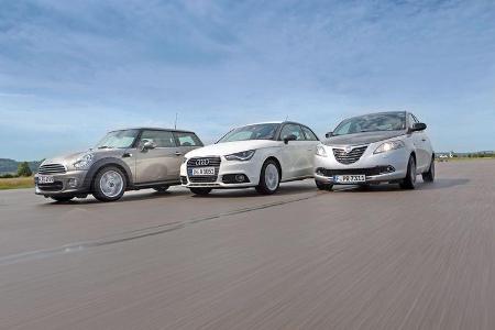 Audi A1 1.2 TFSI, Lancia Ypsilon 0.9 Twinair, Mini One, Seitenansicht