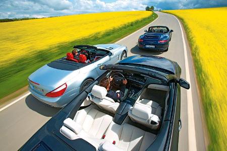 BMW 650i, Mercedes SL 500, Porsche 911 Carrera S, von oben