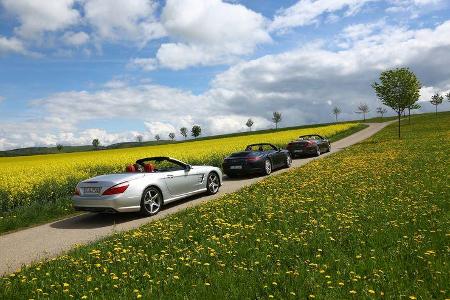 BMW 650i, Mercedes SL 500, Porsche 911 Carrera S, Seitenansicht