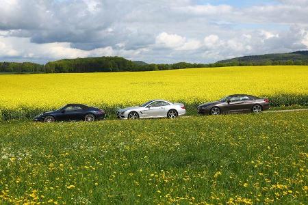 BMW 650i, Mercedes SL 500, Porsche 911 Carrera S, Seitenansicht