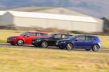Audi S3 Sportback, BMW M135i xDrive, VW Golf R, Seitenansicht
