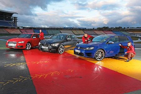 Audi S3 Sportback, BMW M135i xDrive, VW Golf R, Frontansicht