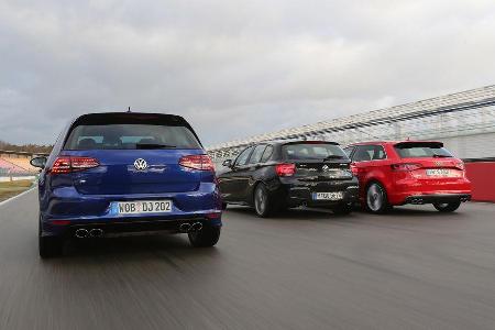 Audi S3 Sportback, BMW M135i xDrive, VW Golf R, Heckansicht