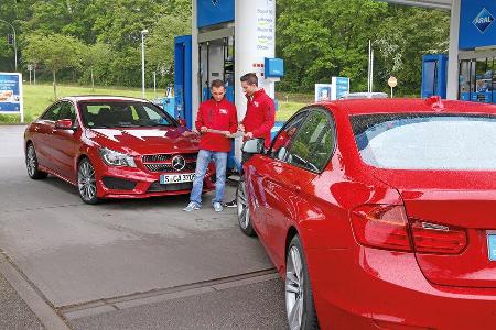 Mercedes CLA 250, BMW 328i, Tankstelle
