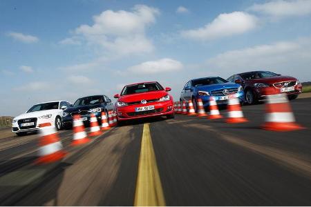 VW Golf 2.0 TDI, Audi A3 2.0 TDI, Mercedes A 200 CDI, BMW 118d Sport Line, Volvo V40 D3, Frontansicht