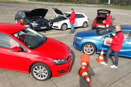 VW Golf 2.0 TDI, Audi A3 2.0 TDI, Mercedes A 200 CDI, BMW 118d Sport Line, Volvo V40 D3, Seitenansicht