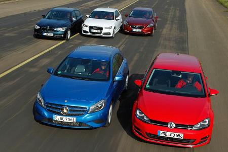 VW Golf 2.0 TDI, Audi A3 2.0 TDI, Mercedes A 200 CDI, BMW 118d Sport Line, Volvo V40 D3, Frontansicht