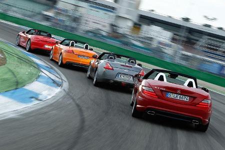 Audi TTS Roadster, Mercedes SLK 350, Nissan 370Z Roadster, Porsche Boxster S, Heckansicht