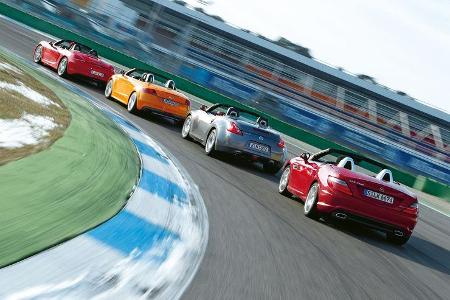 Audi TTS Roadster, Mercedes SLK 350, Nissan 370Z Roadster, Porsche Boxster S, Heckansicht