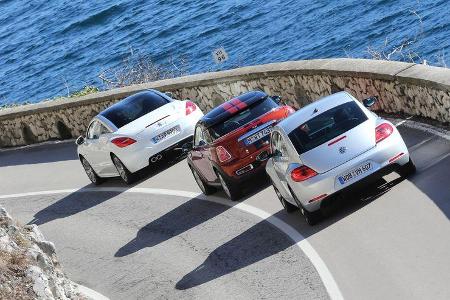 Mini Coupé, Peugeot RCZ, VW Beetle, Heckansicht