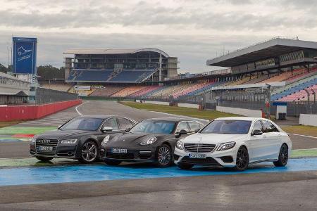 Audi S8, Mercedes S 63 AMG 4Matic, Porsche Panamera Turbo, Frontansicht