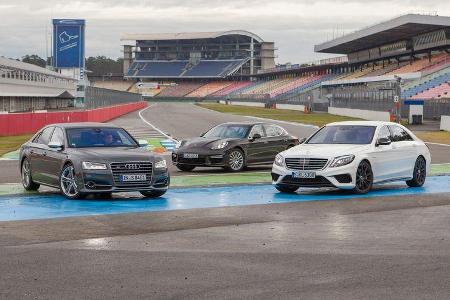 Audi S8, Mercedes S 63 AMG 4Matic, Porsche Panamera Turbo, Frontansicht