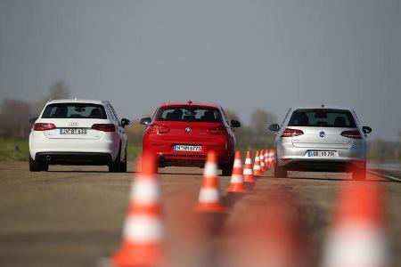 Audi A3 Sportback 1.6 TDI Ultra, BMW 116d, VW Golf 1.6 TDI, Heckansicht