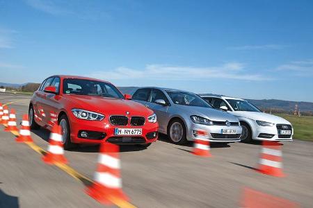 Audi A3 Sportback 1.6 TDI Ultra, BMW 116d, VW Golf 1.6 TDI, Frontanasicht