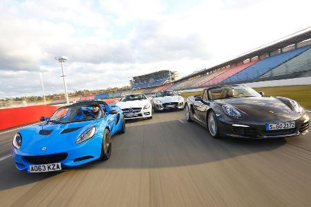 Jaguar F-Type, Lotus Elise S CR, Mercedes SLK 350, Porsche Boxster, Frontansicht