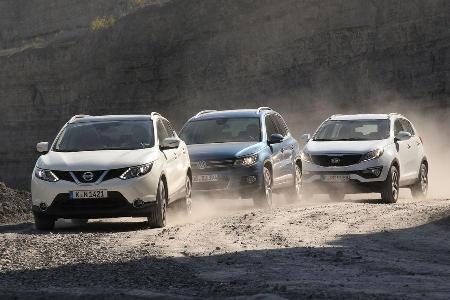 Kia Sportage, Nissan Qashqai, VW Tiguan, Frontansicht