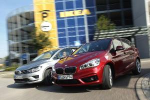 BMW Zweier Active Tourer, VW Golf Sportsvan 2.0 TDI, Frontansicht