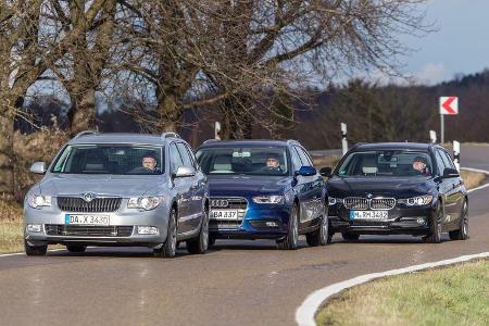 Audi A4 Avant 2.0 TDI, BMW 318d Touring, Skoda Superb Combi 2.0 TDI, Frontansicht