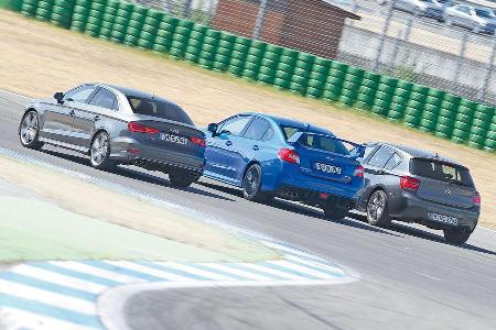 Audi S3, Subaru WRX Sti, BMW M135i x-Drive, Heckansicht