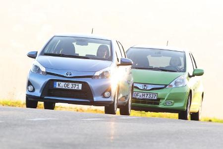 Honda Jazz 1.3 DSi i-VTEC IMA Exclusive, Toyota Yaris 1.5 VVT-i Hybrid Life, Frontansicht