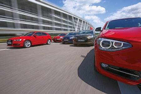 Alfa Romeo Giulietta 1.4 TB, Audi A3 1.8 TFSI, BMW 118i, Citroën DS4 THP 200, Ford Focus 1.6 Ecoboost, Frontansicht