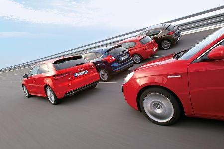 Alfa Romeo Giulietta 1.4 TB, Audi A3 1.8 TFSI, BMW 118i, Citroën DS4 THP 200, Ford Focus 1.6 Ecoboost, Heckansicht