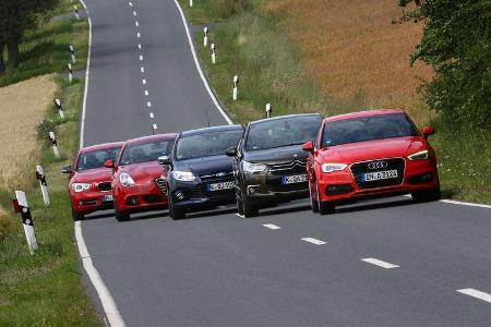 Alfa Romeo Giulietta 1.4 TB, Audi A3 1.8 TFSI, BMW 118i, Citroën DS4 THP 200, Ford Focus 1.6 Ecoboost, Frontansicht
