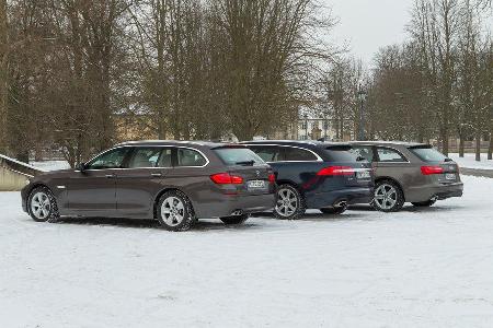 Audi A6 Avant 3.0 TDI Quattro, BMW 530d Touring, Jaguar XF Sportbrake 3.0 V6 D 600, Heckansicht