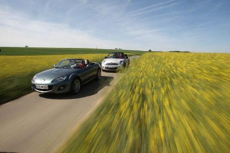 Mini Cooper Cabrio, Mazda MX-5 1.8, beide Fahrzeuge, Wiese, Frontansicht