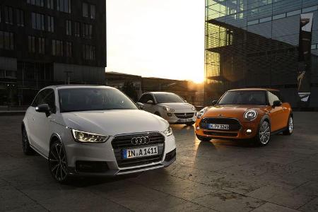 Audi A1 1.0 TFSI, Mini One, Opel Adam 1.0 DI Turbo, Frontansicht