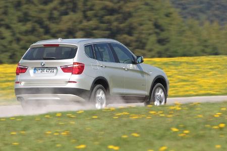 BMW X3 x-Drive 30d, Rückansicht, Wiese, Straße nass