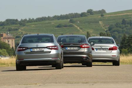 BMW 520d, Ford Mondeo 2.0 TDCI, Skoda Superb 2.0 TDI, Heckansicht