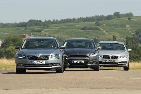 BMW 520d, Ford Mondeo 2.0 TDCI, Skoda Superb 2.0 TDI, Frontansicht