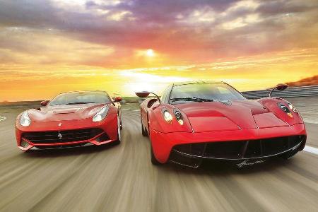 Pagani Huayra, Ferrari F12 Berlinetta, Frontansicht, Abendstimmung