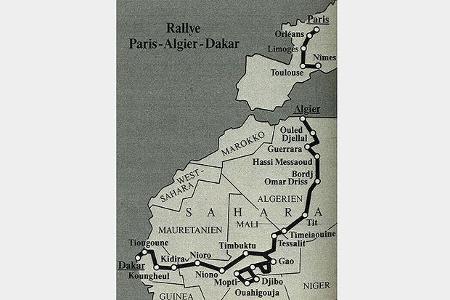 Die Strecke der Rallye Paris-Algier-Dakar 1982.