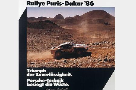 Porsche nutzte den Rallye-Erfolg für Werbeanzeigen. Doppelsieg und ein sechster Platz 1986.