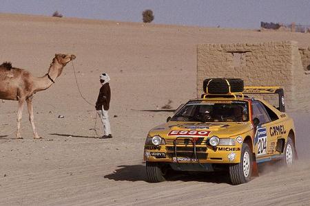 Peugeot 405 neben leicht gereiztem Wüstenschiff. Peugeot holt einen Dreifachsieg.