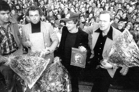 Die Rennfahrer des Jahres 1977 (von links): Formel 1-Vizeweltmeister Jody Scheckter, Jochen Mass, Formel 1-Weltmeister Niki ...