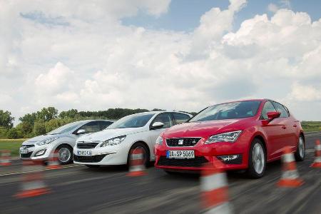 Hyundai i30 1.6, Peugeot 308 125 THP, Seat Leon 1.4 TSI, Frontansicht