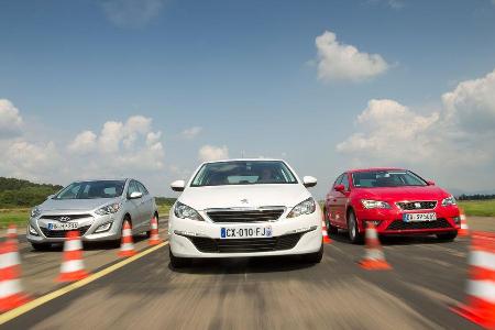 Hyundai i30 1.6, Peugeot 308 125 THP, Seat Leon 1.4 TSI, Frontansicht