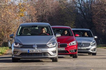 BMW Zweier Active Tourer, Mercedes B-Klasse, VW Golf Sportsvan, Frontansicht